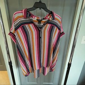 colorful short sleeve button down shirt pink orange black blue& white stripes